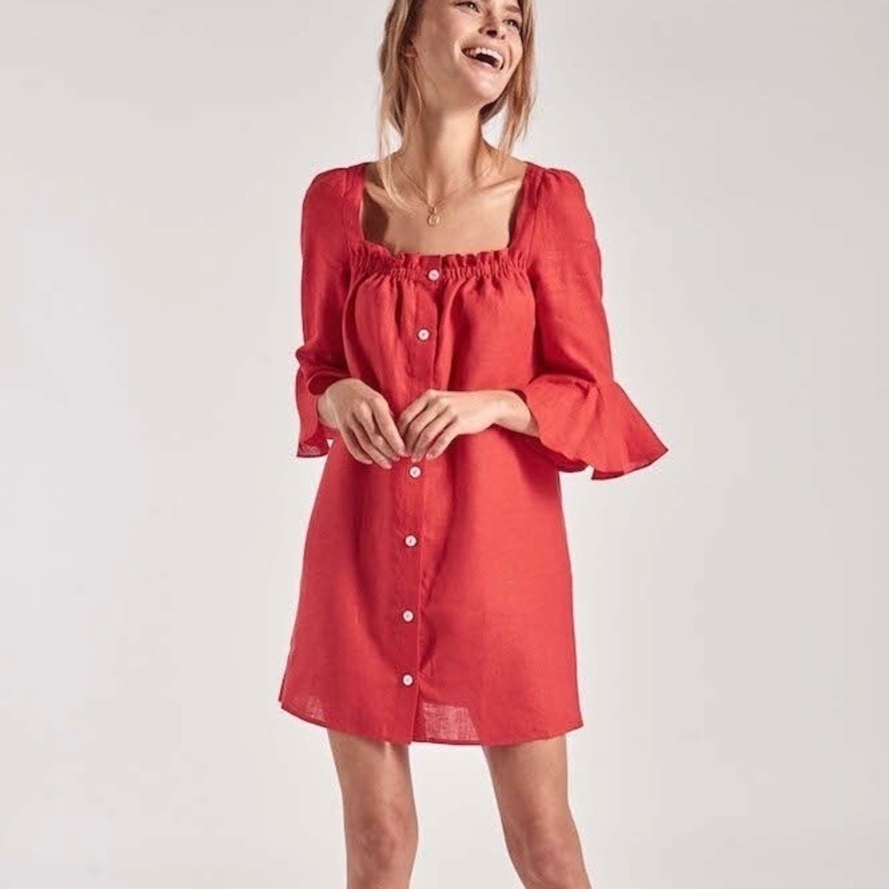 SLEEPER Jane Linen Ruffle Sleeve Mini Dress, Red Sz S